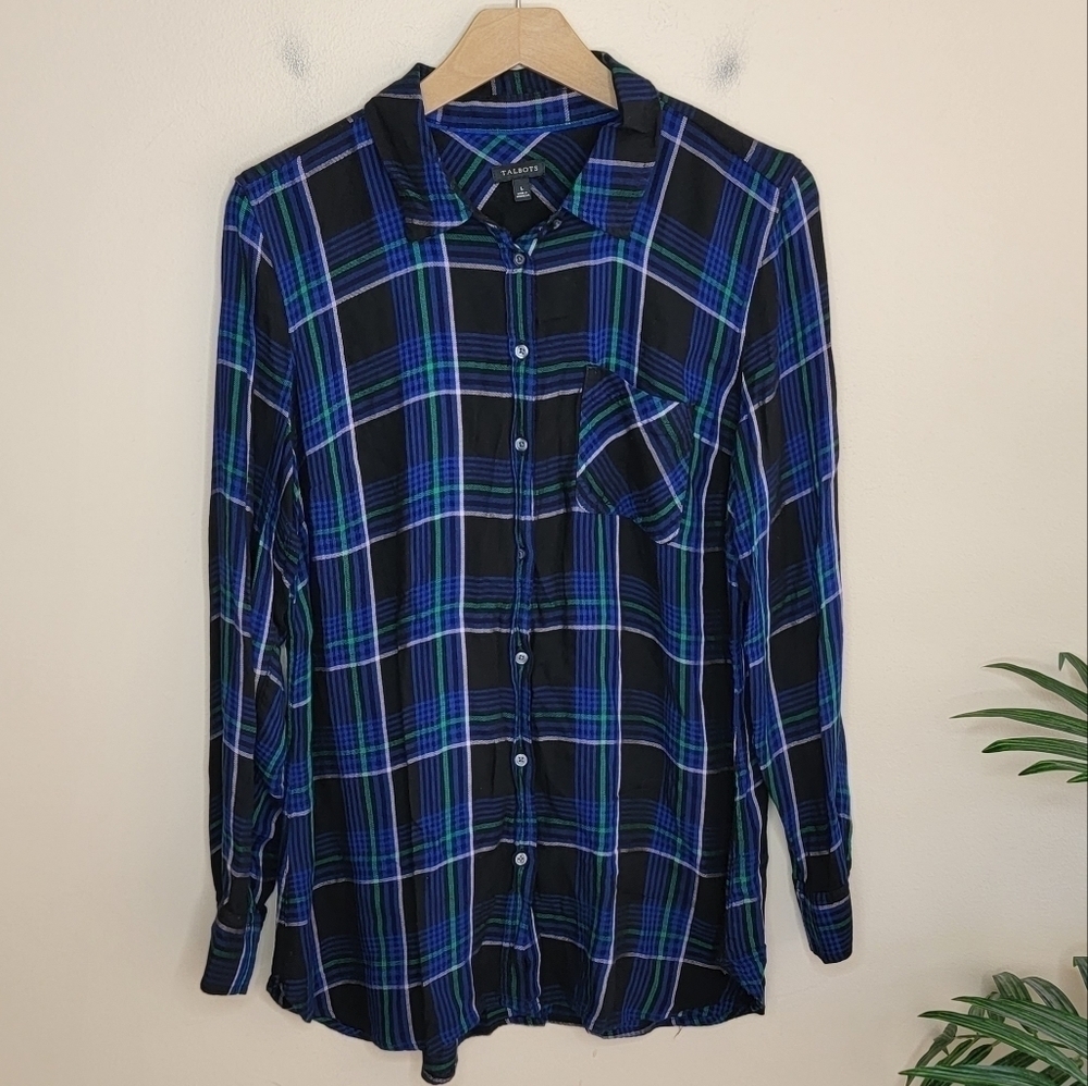 Talbots | Blue Green Black Plaid Button Front Shirt